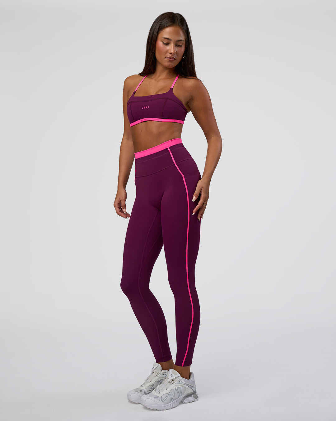 Woman wearing Liberate Contrast High-Rise Full Length Legging Pockets - Plum Caspia-Ultra Pink | Model:Bianca | Size:S
