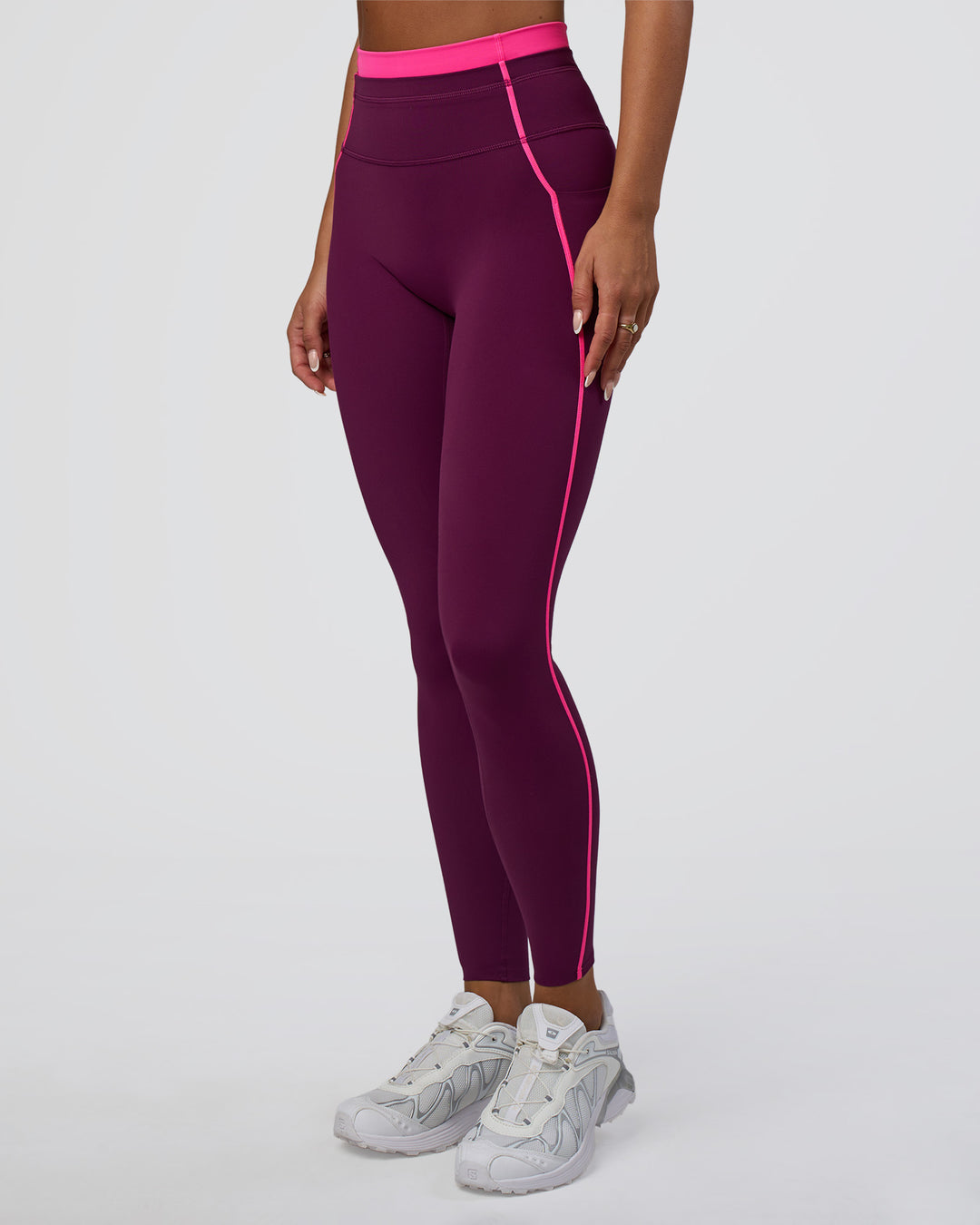 Woman wearing Liberate Contrast High-Rise Full Length Legging Pockets - Plum Caspia-Ultra Pink | Model:Bianca | Size:S