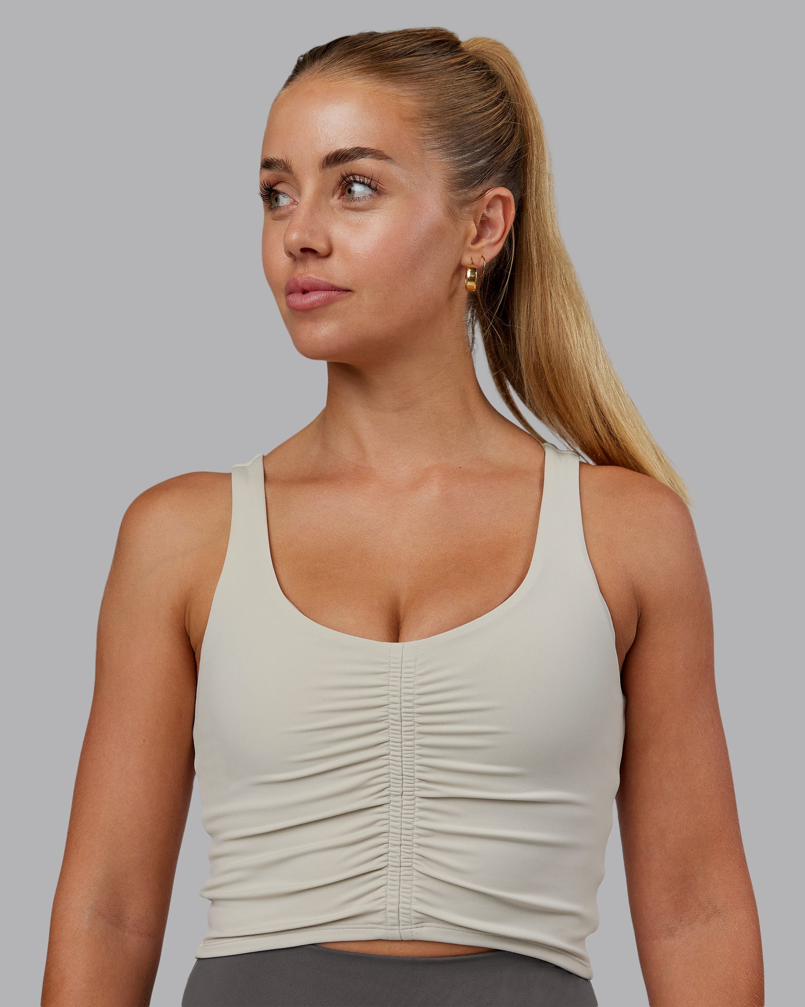 Woman wearing Liberty Ruched Tank - Shale Beige | Model:Hannah | Size:S