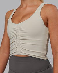 Woman wearing Liberty Ruched Tank - Shale Beige | Model:Hannah | Size:S