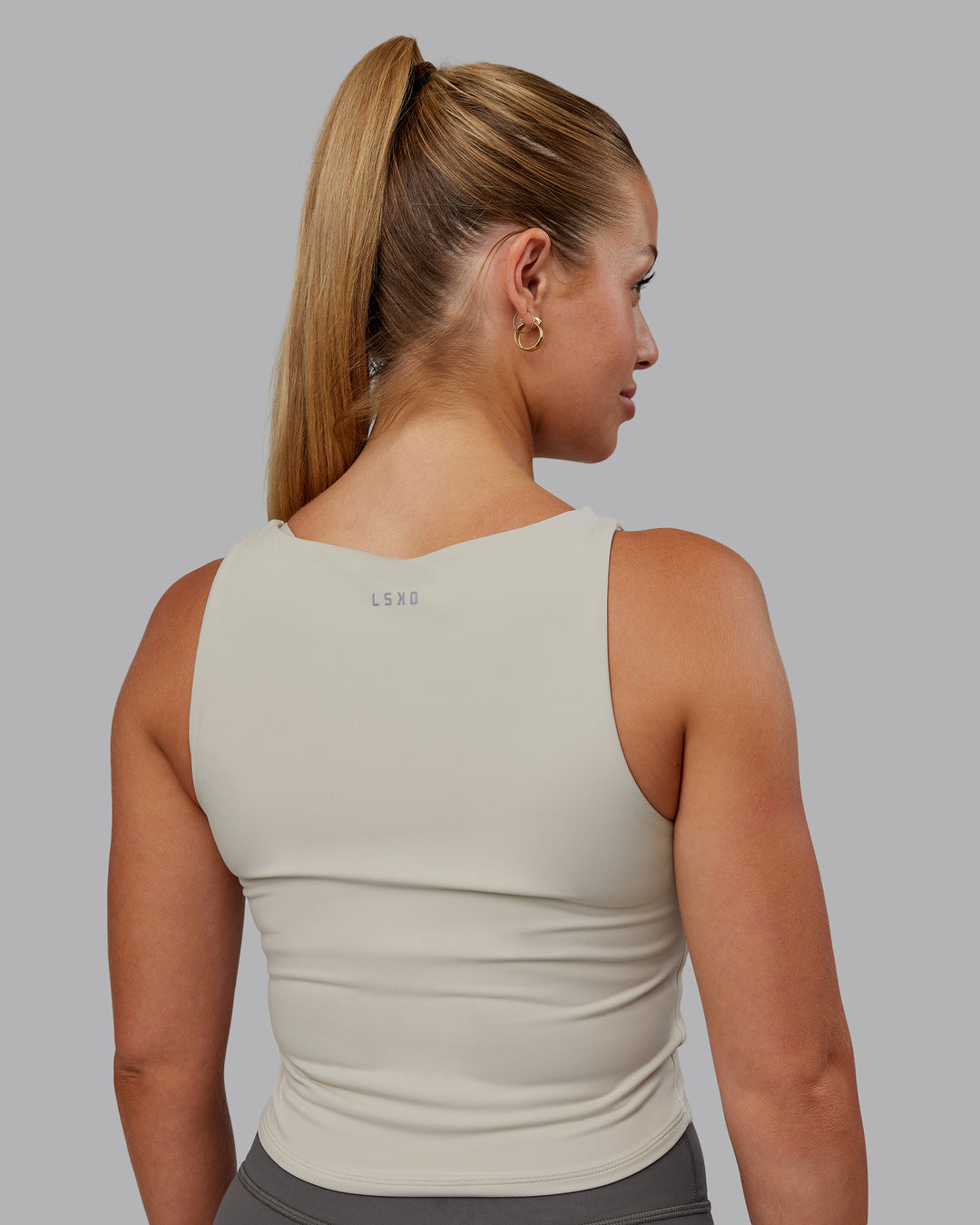 Woman wearing Liberty Ruched Tank - Shale Beige | Model:Hannah | Size:S