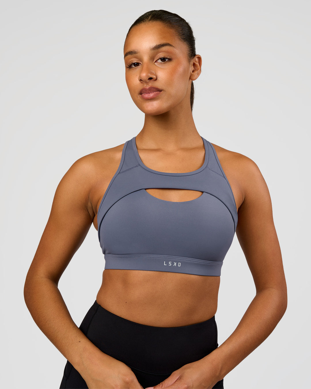 Woman wearing LimitLift Sports Bra - Night Shadow | Model:Rosie | Size:S