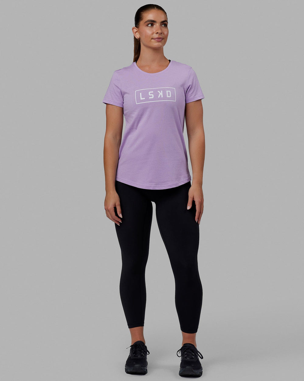 Woman wearing Luna Tee - Pale Lilac-White