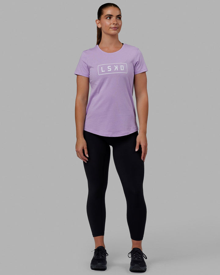 Woman wearing Luna Tee - Pale Lilac-White