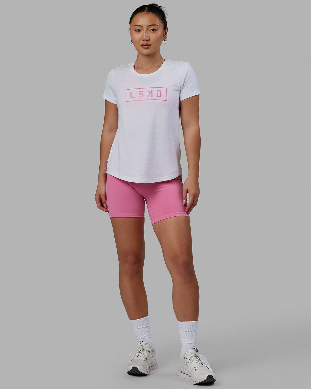 Woman wearing Luna Tee - White-Pink Rose