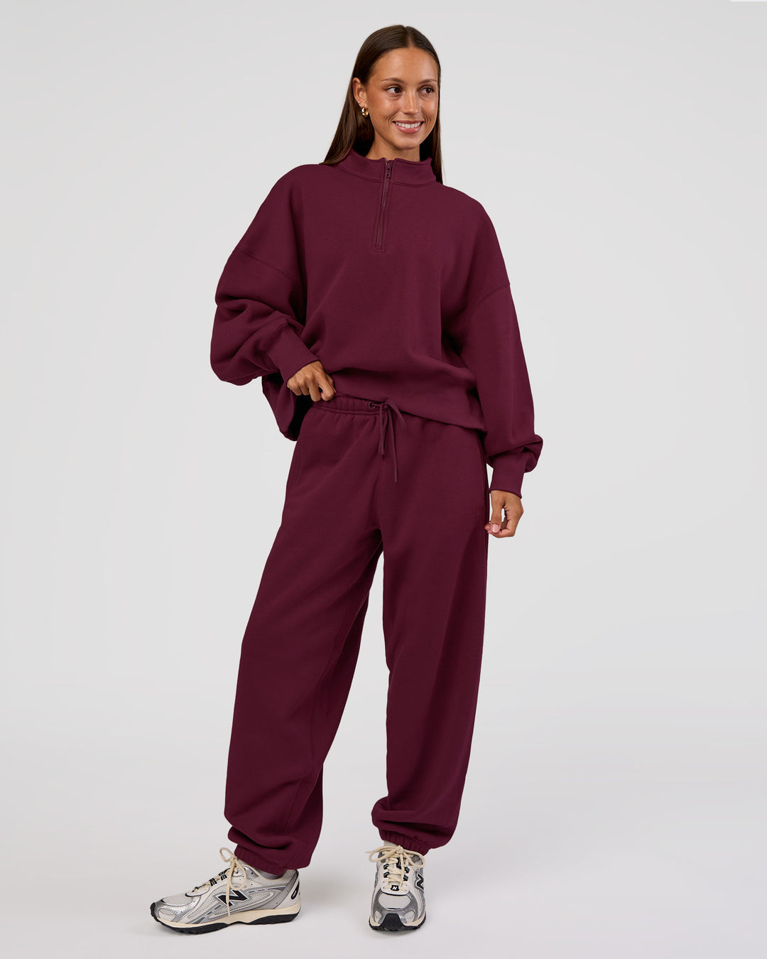 Woman wearing MVP 1/2 Zip Oversized Sweater - Cherry Lacquer | Model:Brylee | Size:S