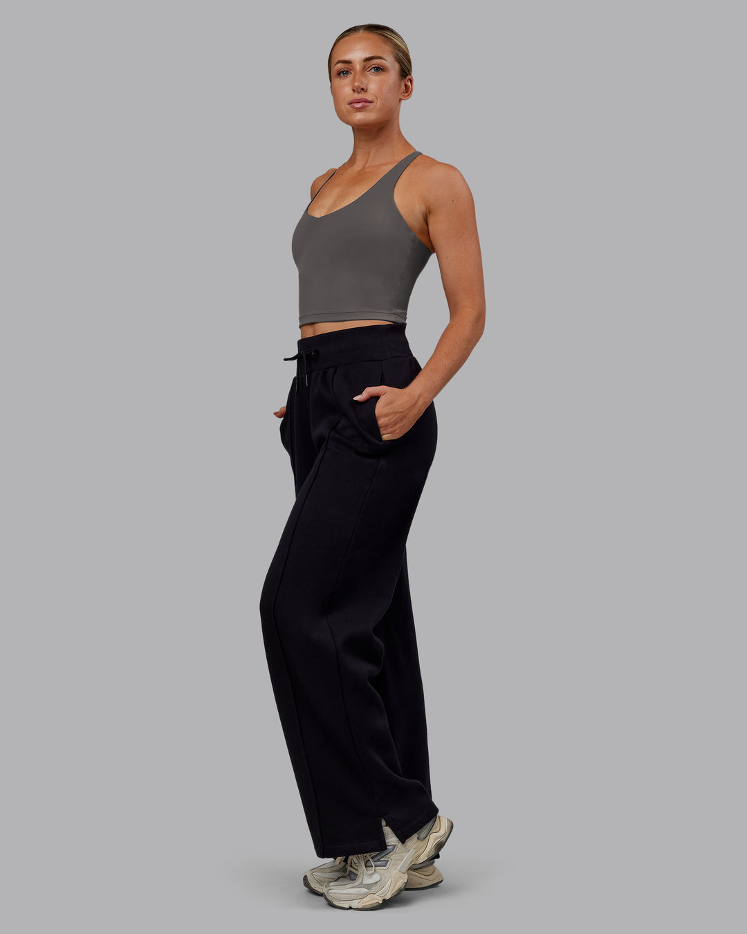 Woman wearing MVP Wide Leg Track Pant - Black | Model:Paris | Size:S