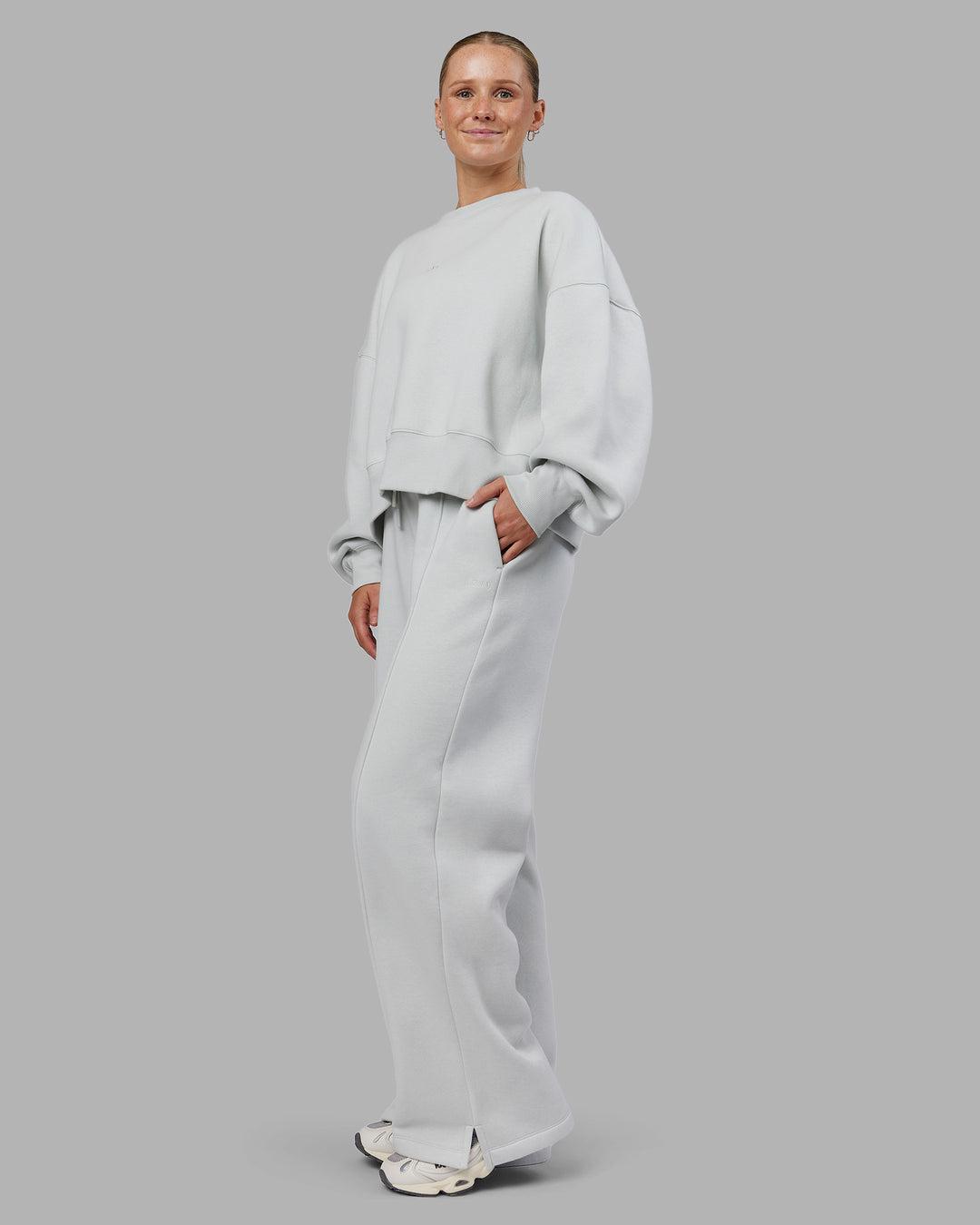 Woman wearing MVP Wide Leg Track Pant - Digital Mist| Model:Neve | Size:S