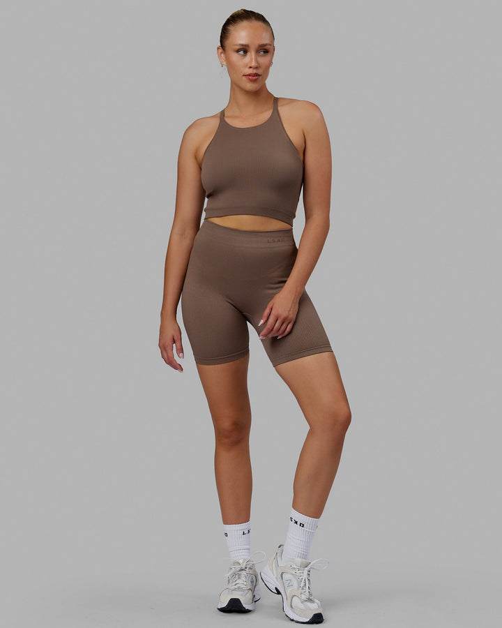 Woman wearing Minimal Seamless Crop Ribbed Tank - Deep Taupe