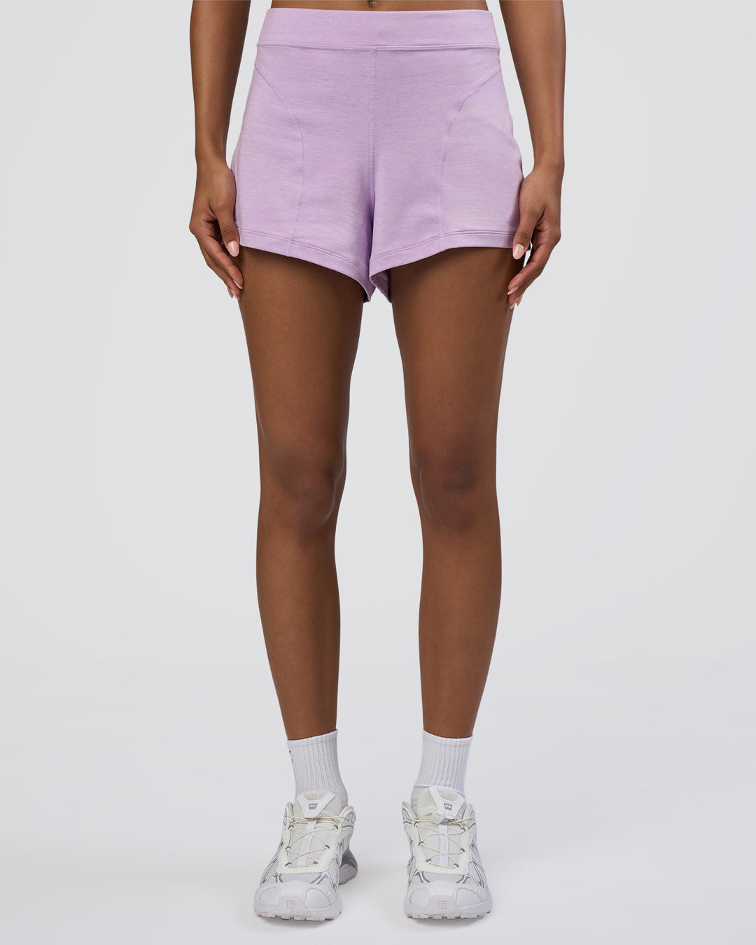 Woman wearing Movement CloudFLX 3&quot; Short - Orchid Bloom Marl | Model:Tomi | Size:S