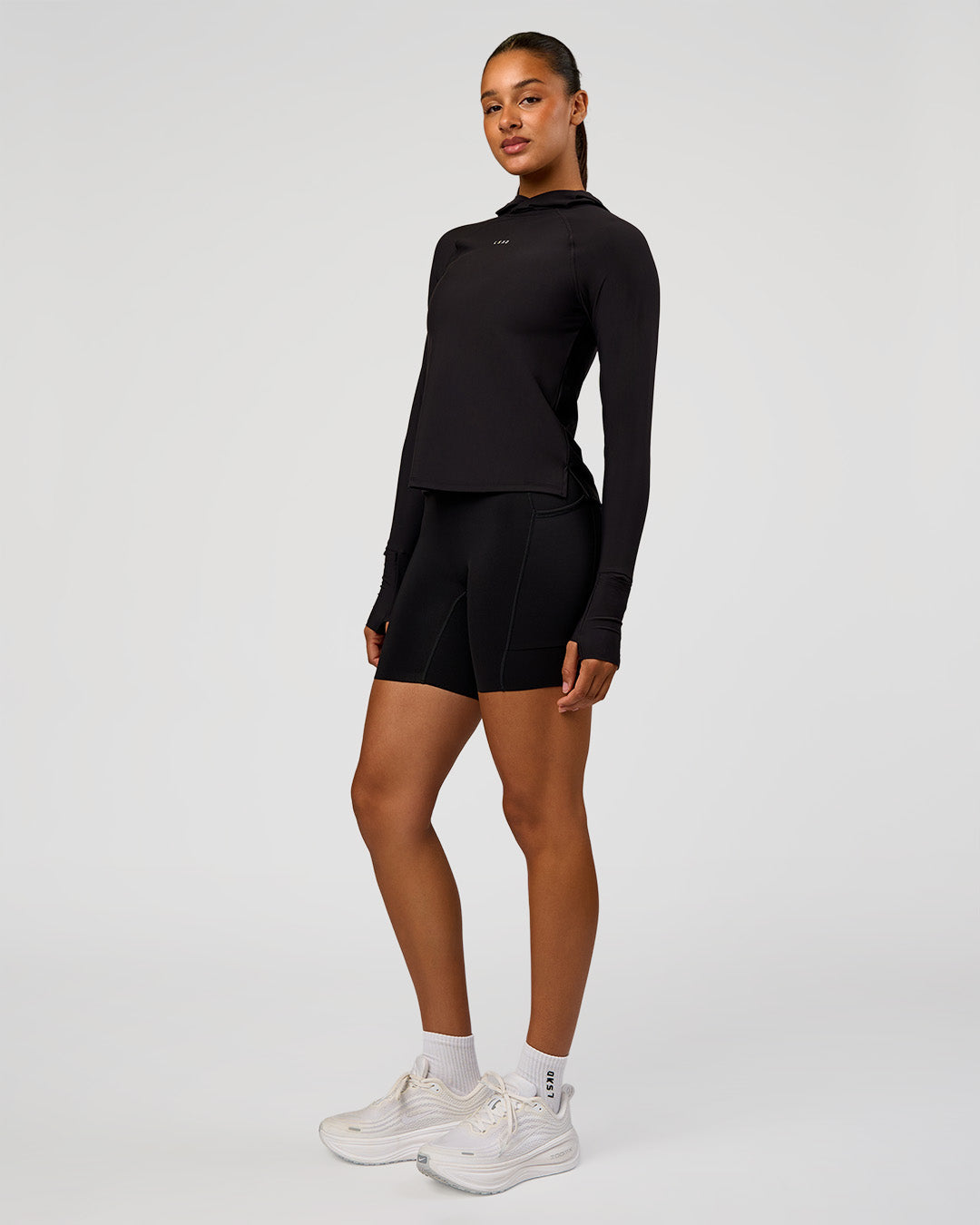 Woman wearing On the Run Long Sleeve - Black | Model:Rosie | Size:S