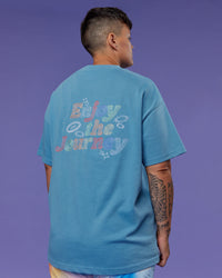 Model wearing Our Journey Heavyweight Oversized Tee - Azure Blue-Rainbow | Model:Em | Size:S