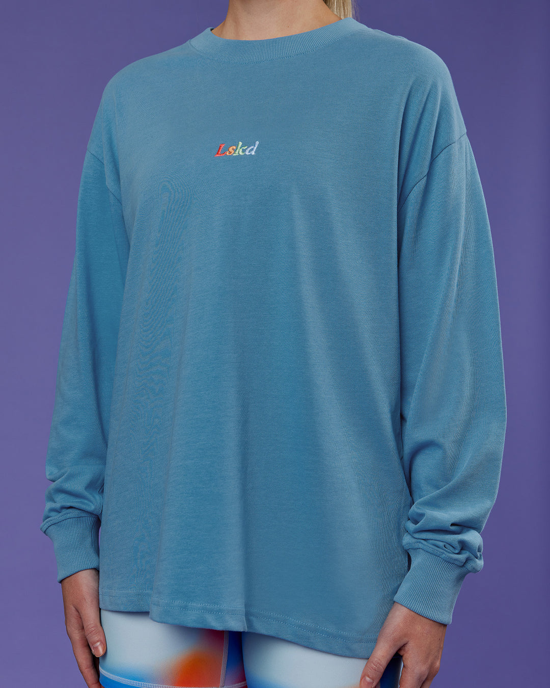 Woman wearing Our Journey Oversize Heavyweight FLXCotton Long Sleeve Tee - Azure Blue | Model:Mon | Size:S