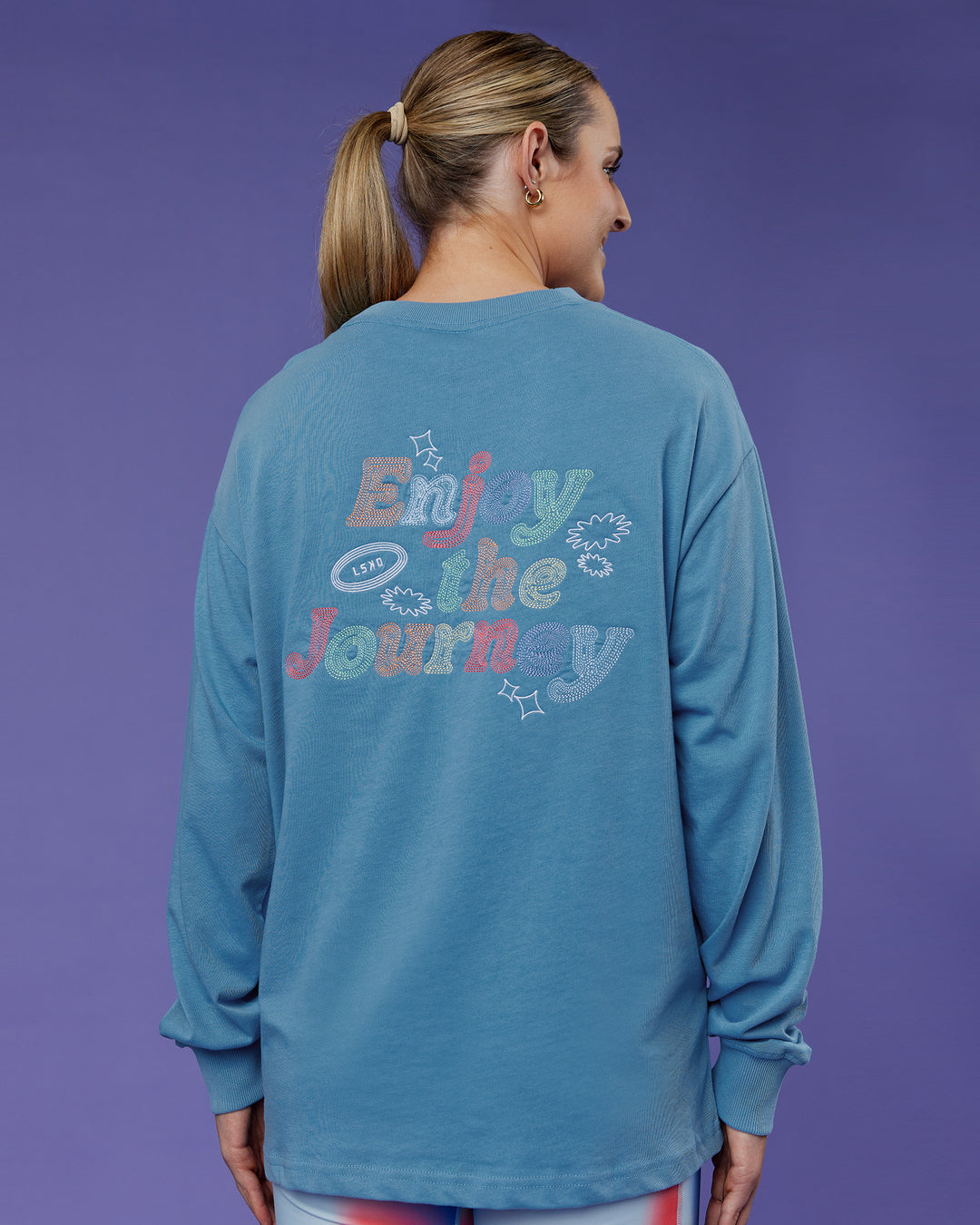 Woman wearing Our Journey Oversize Heavyweight FLXCotton Long Sleeve Tee - Azure Blue | Model:Mon | Size:S
