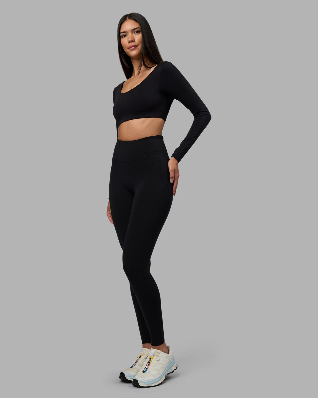 Woman wearing Progression Ultra High-Rise Full Length Legging - Black | Model:Rhiley | Size:S