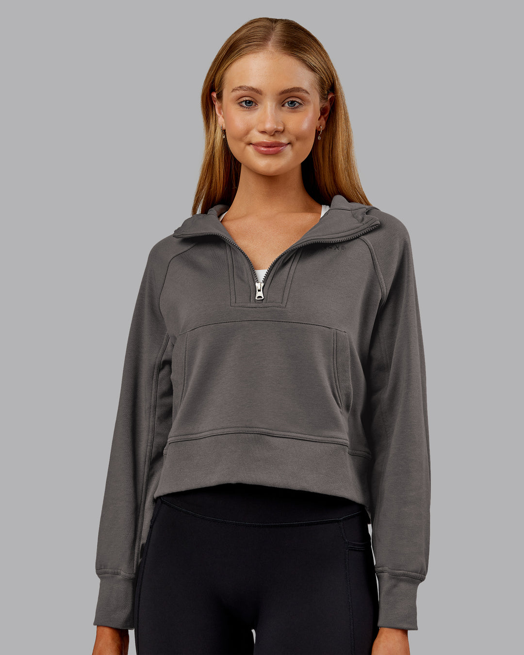 Woman wearing Pursue Mid-Weight Hoodie - Dark Storm | Model:Ella | Size:S