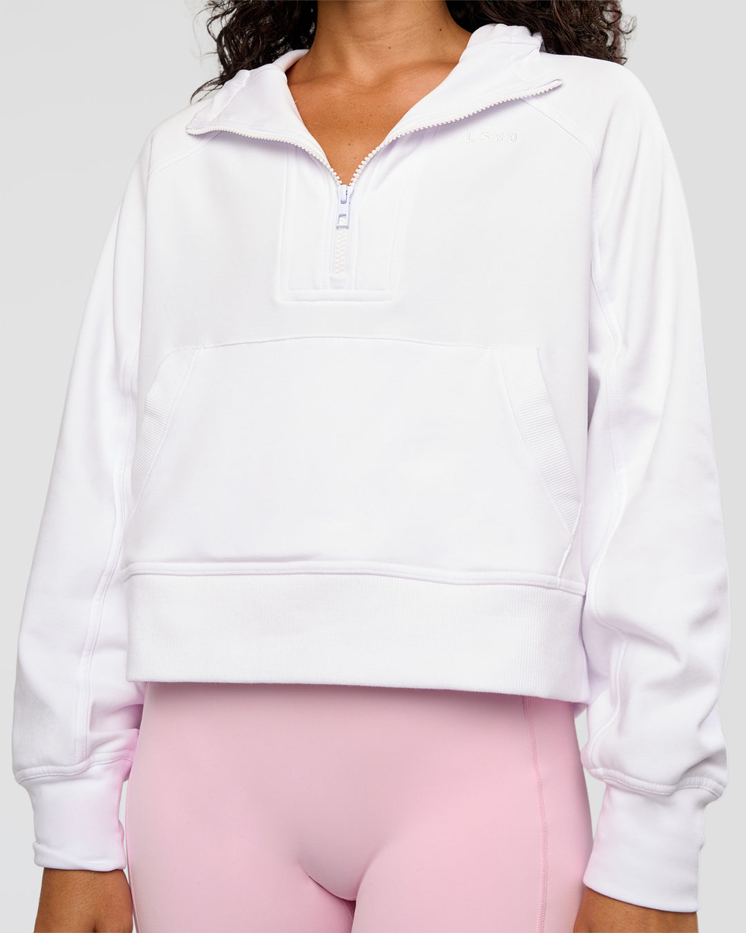 Woman wearing Pursue Mid-Weight Hoodie - White | Model:Jasmine | Size:S