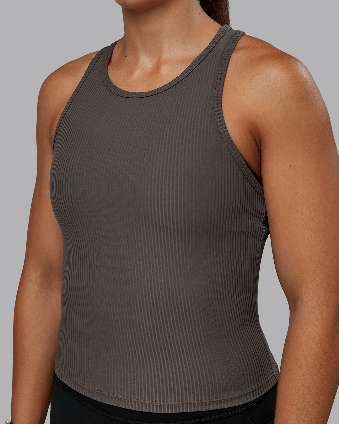 Woman wearing Push High Neck Ribbed Tank - Dark Storm | Size:S | Model:Tylah