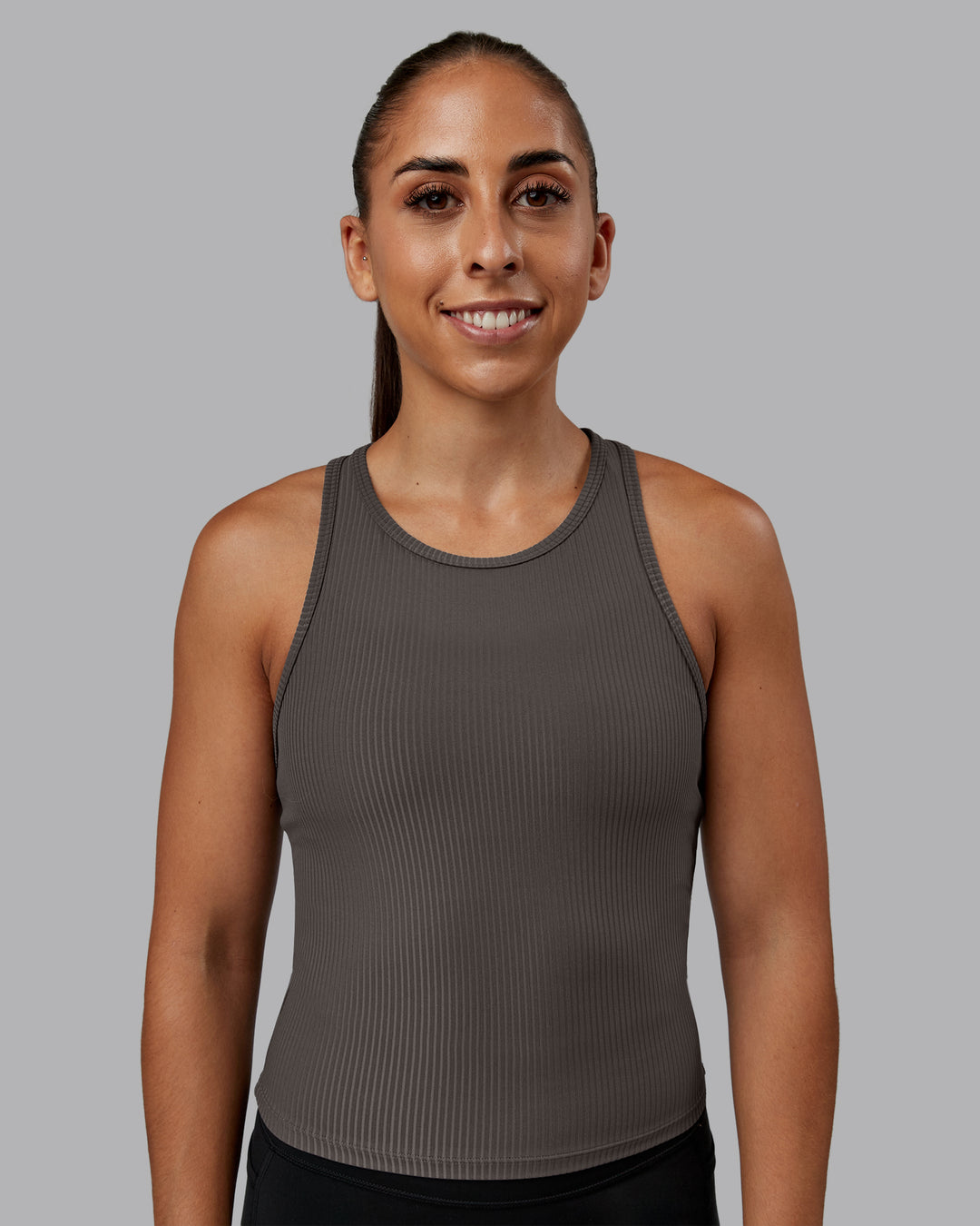 Woman wearing Push High Neck Ribbed Tank - Dark Storm | Size:S | Model:Tylah