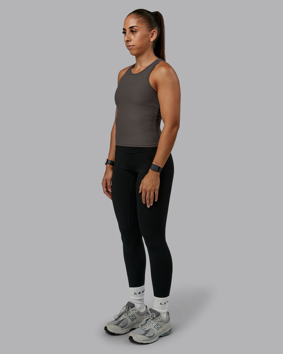 Woman wearing Push High Neck Ribbed Tank - Dark Storm | Size:S | Model:Tylah