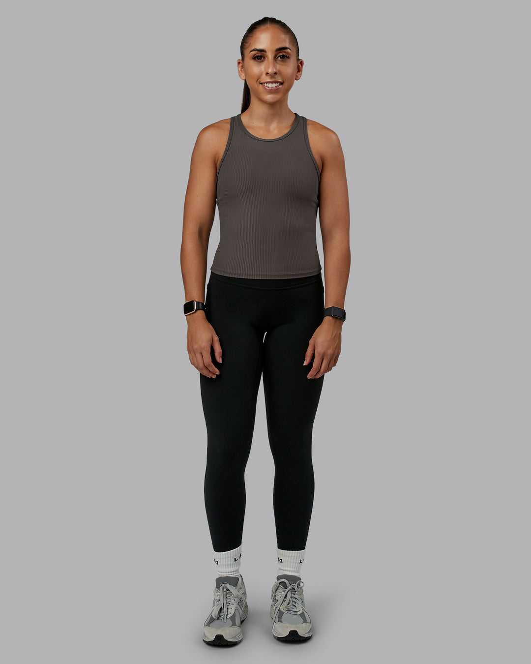 Woman wearing Push High Neck Ribbed Tank - Dark Storm | Size:S | Model:Tylah