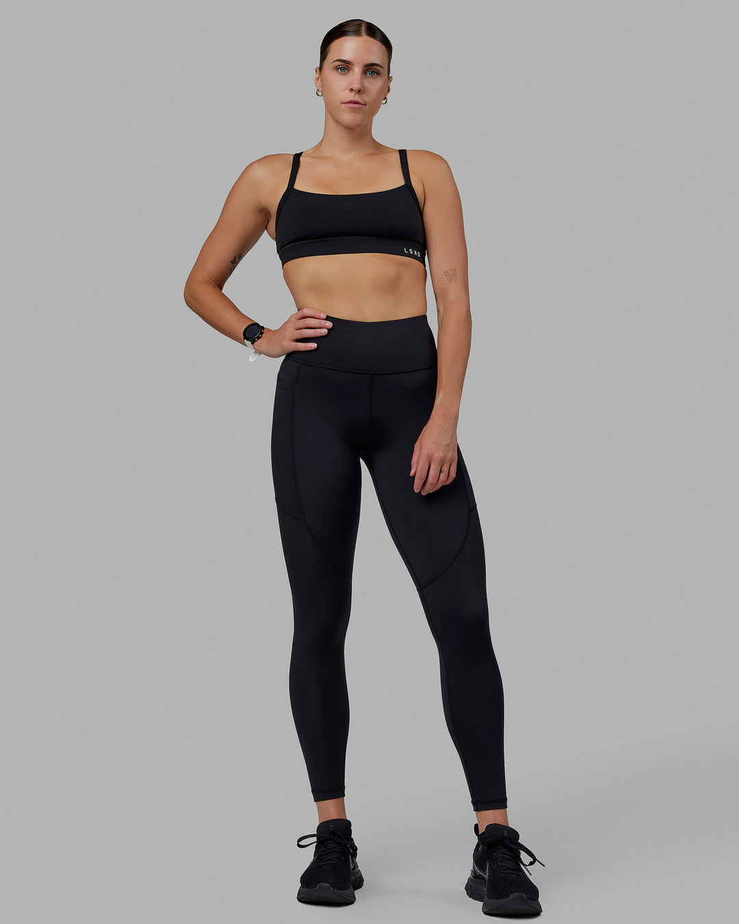 Woman wearing Rep Ultra High-Rise Full Length Legging Pockets - Black-Black | Model:Shae | Size:S