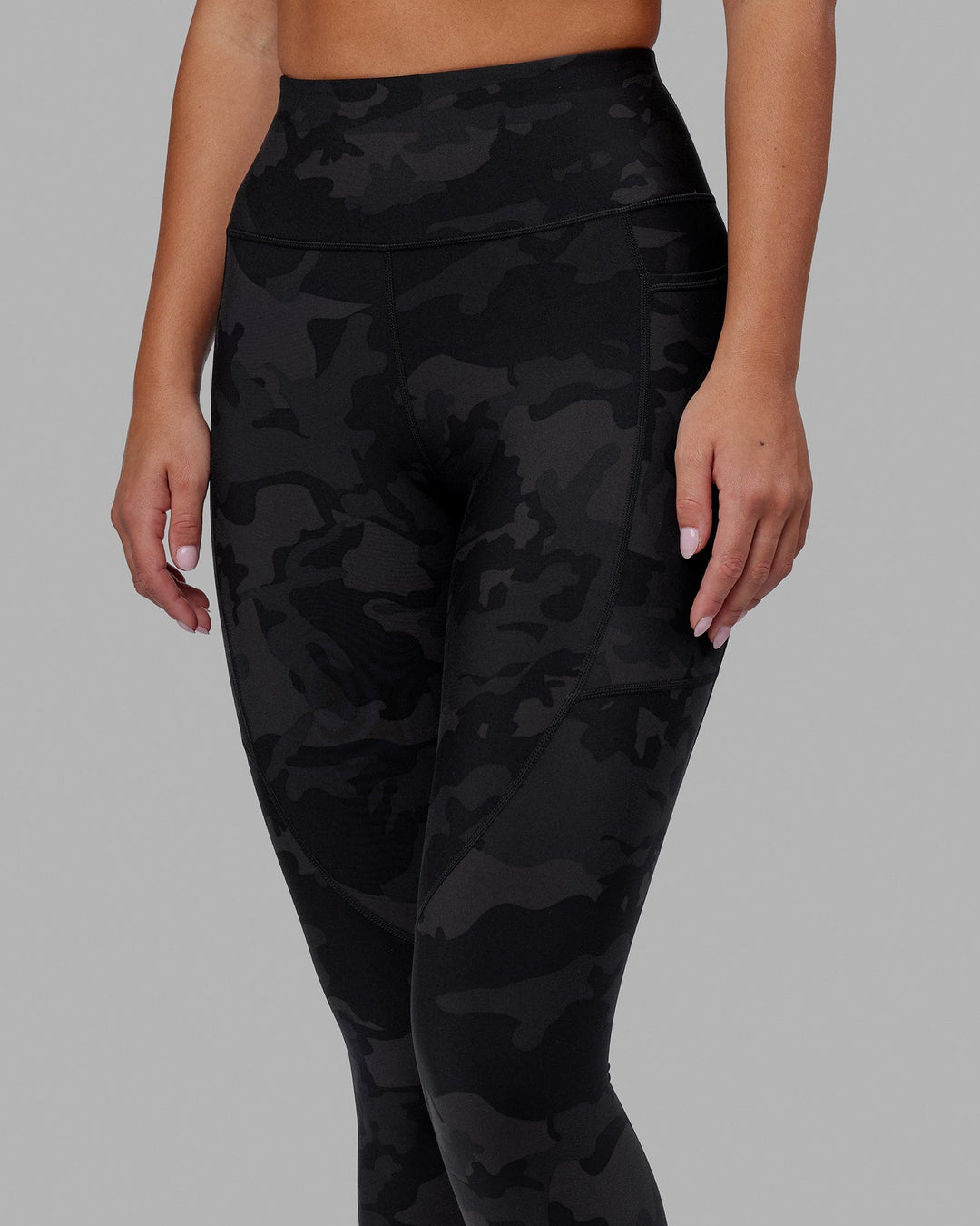 Woman wearing Rep Ultra High-Rise Full Length Legging Pockets - Black Camo | Model:Milly | Size:S
