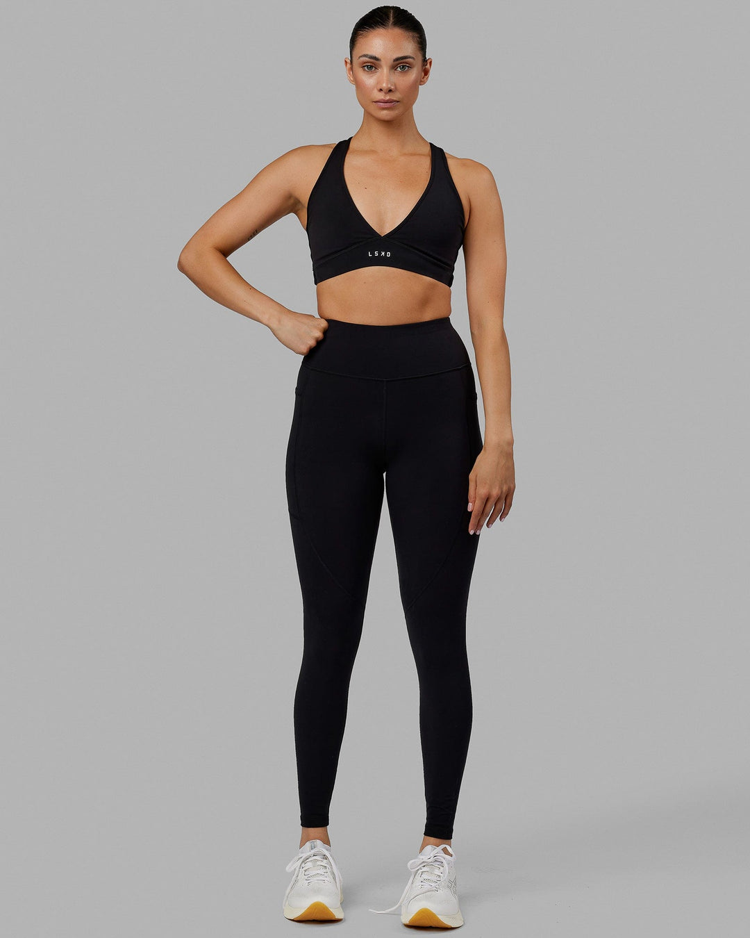 Woman wearing Rep Ultra High-Rise Full Length Legging Pockets No Logo - Black | Model:Blaize | Size:S
