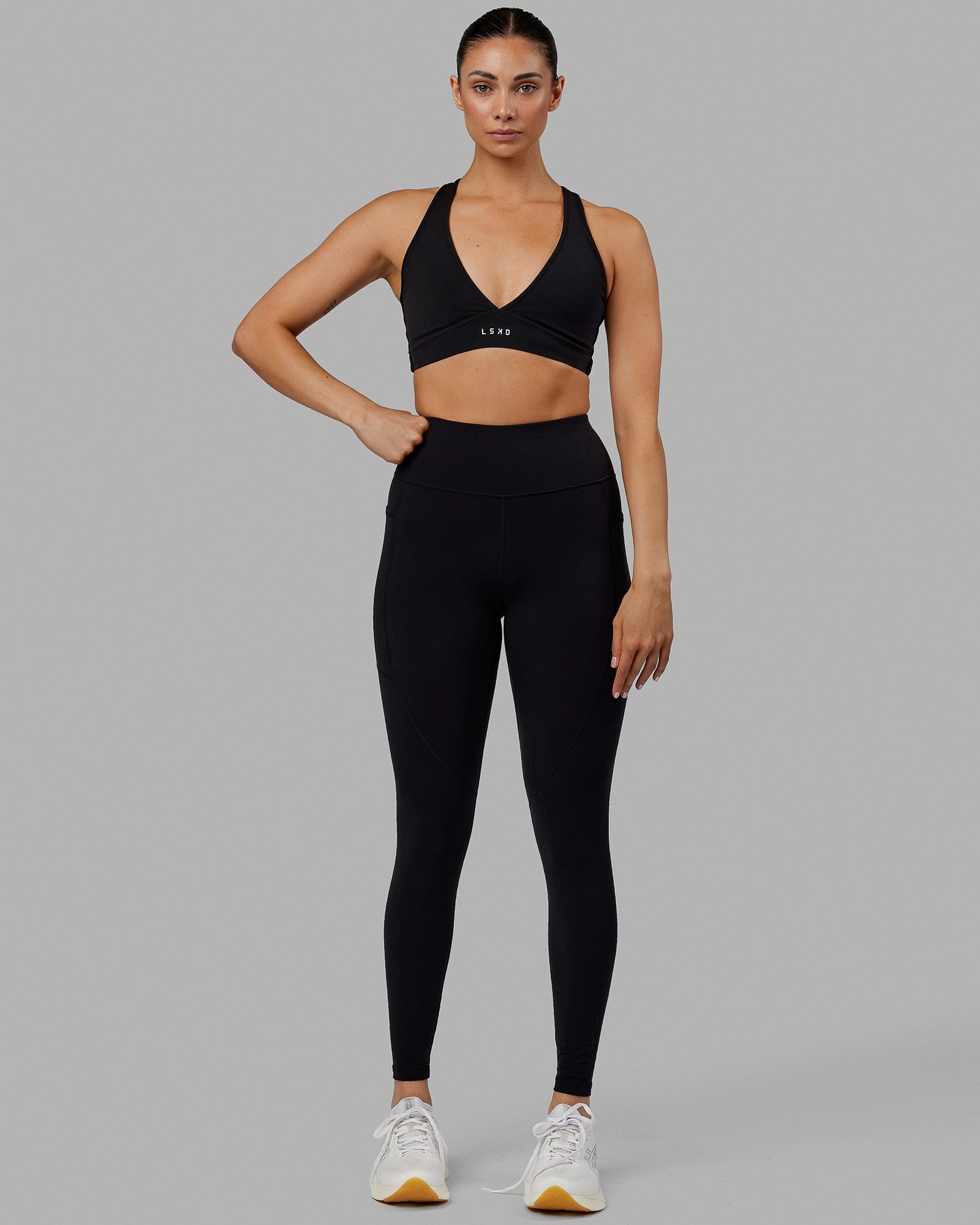 Woman wearing Rep Ultra High-Rise Full Length Legging Pockets No Logo - Black | Model:Blaize | Size:S