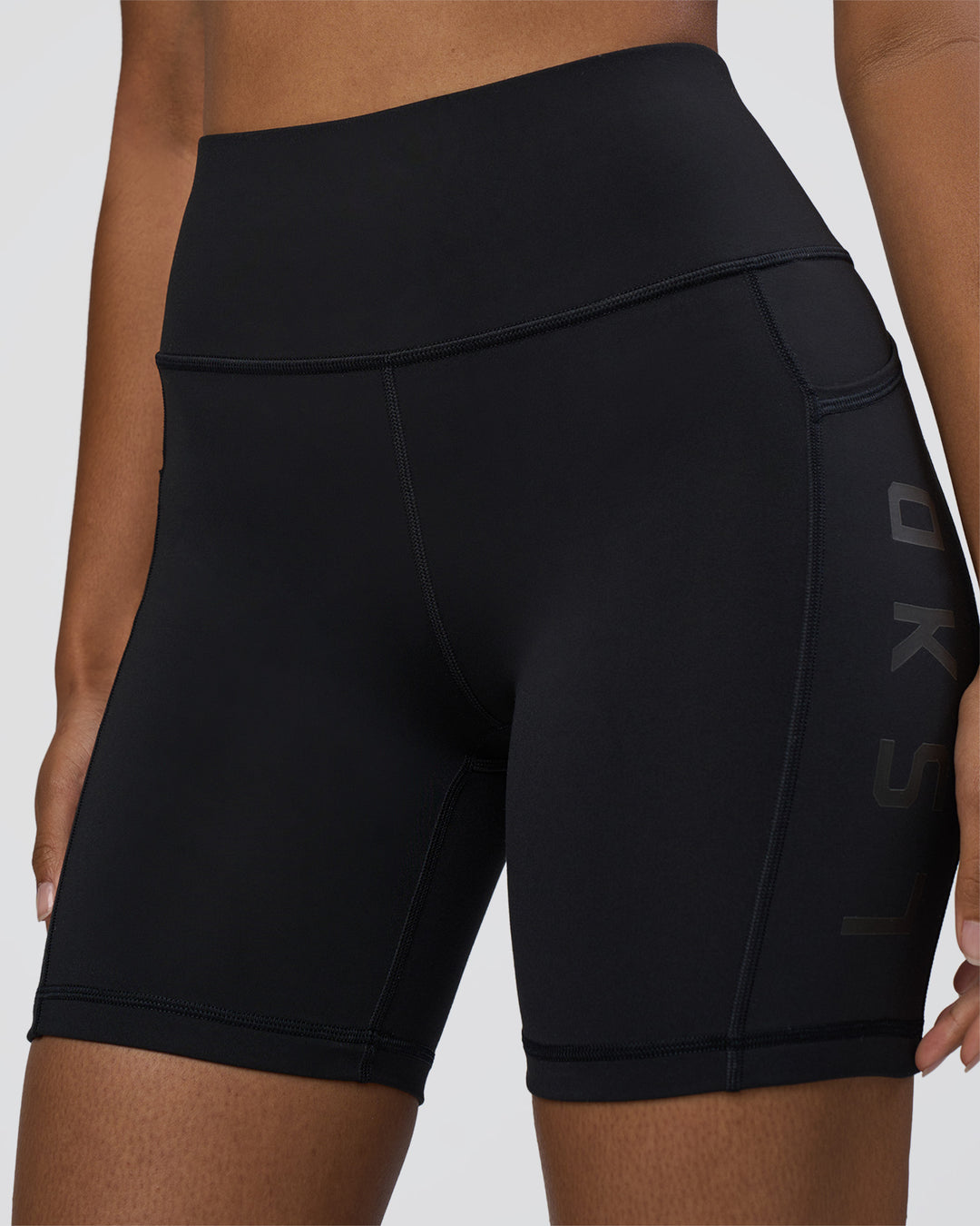 Woman wearing Rep Ultra High-Rise 6" Short Pockets - Black-Black | Model:Jordan | Size:S