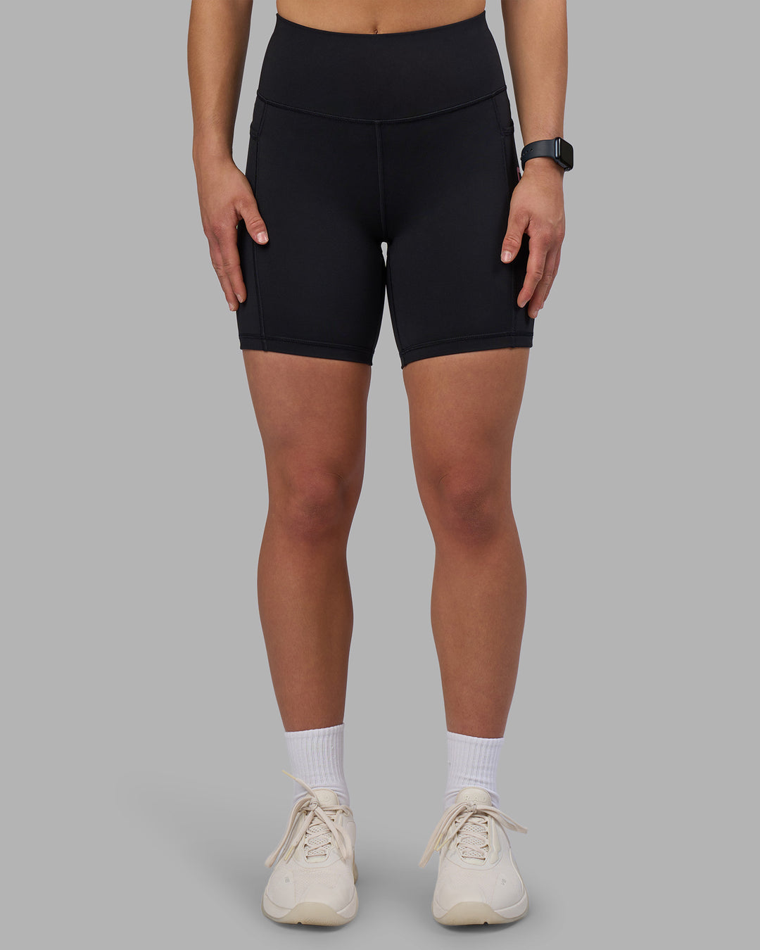 Woman wearing Rep Ultra High-Rise 6" Short Pockets - Black-Candy Pink | Model:Keisha | Size:S