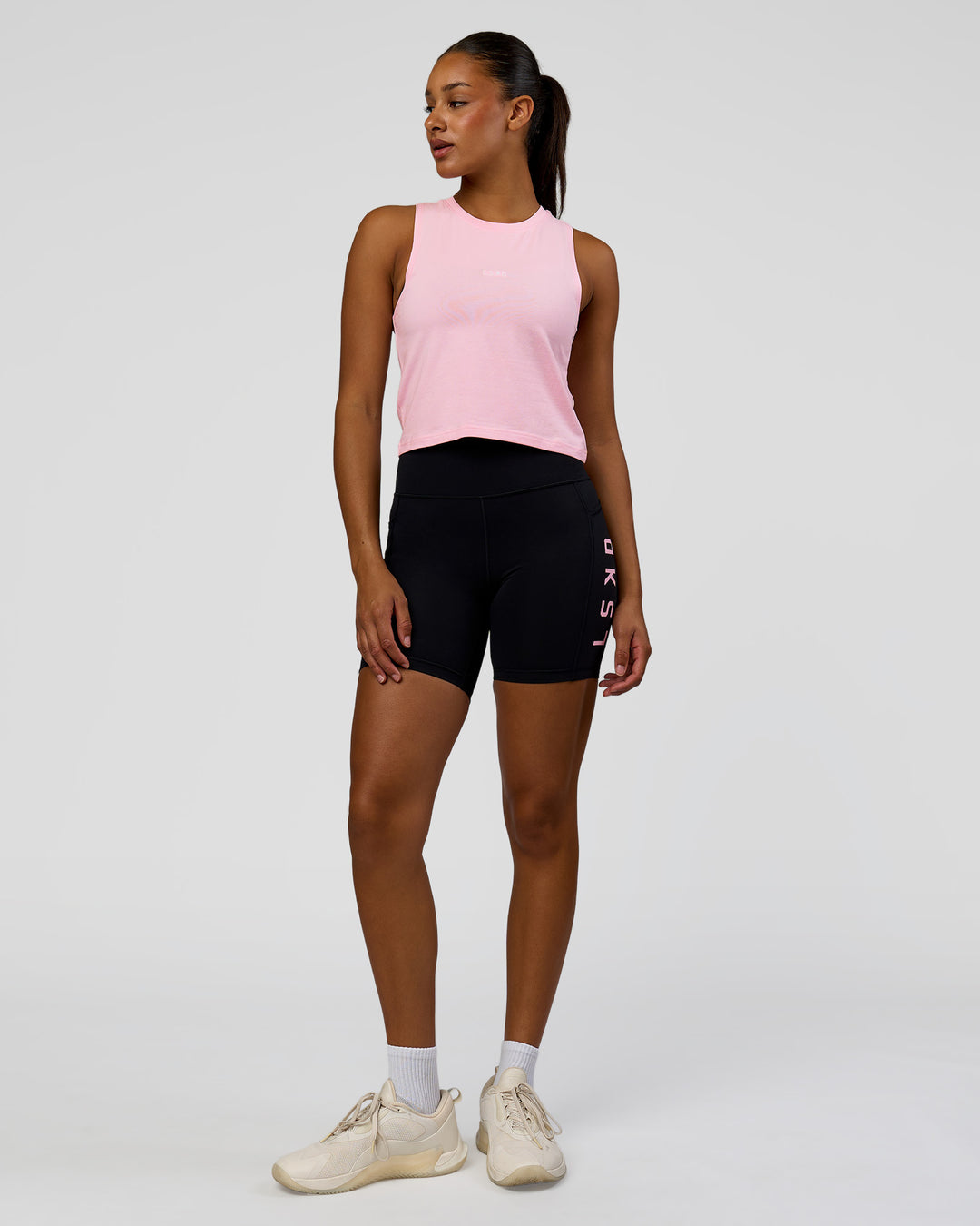 Woman wearing Rep Ultra High-Rise 6" Short Pockets - Black-Marshmallow | Model:Rosie | Size:S