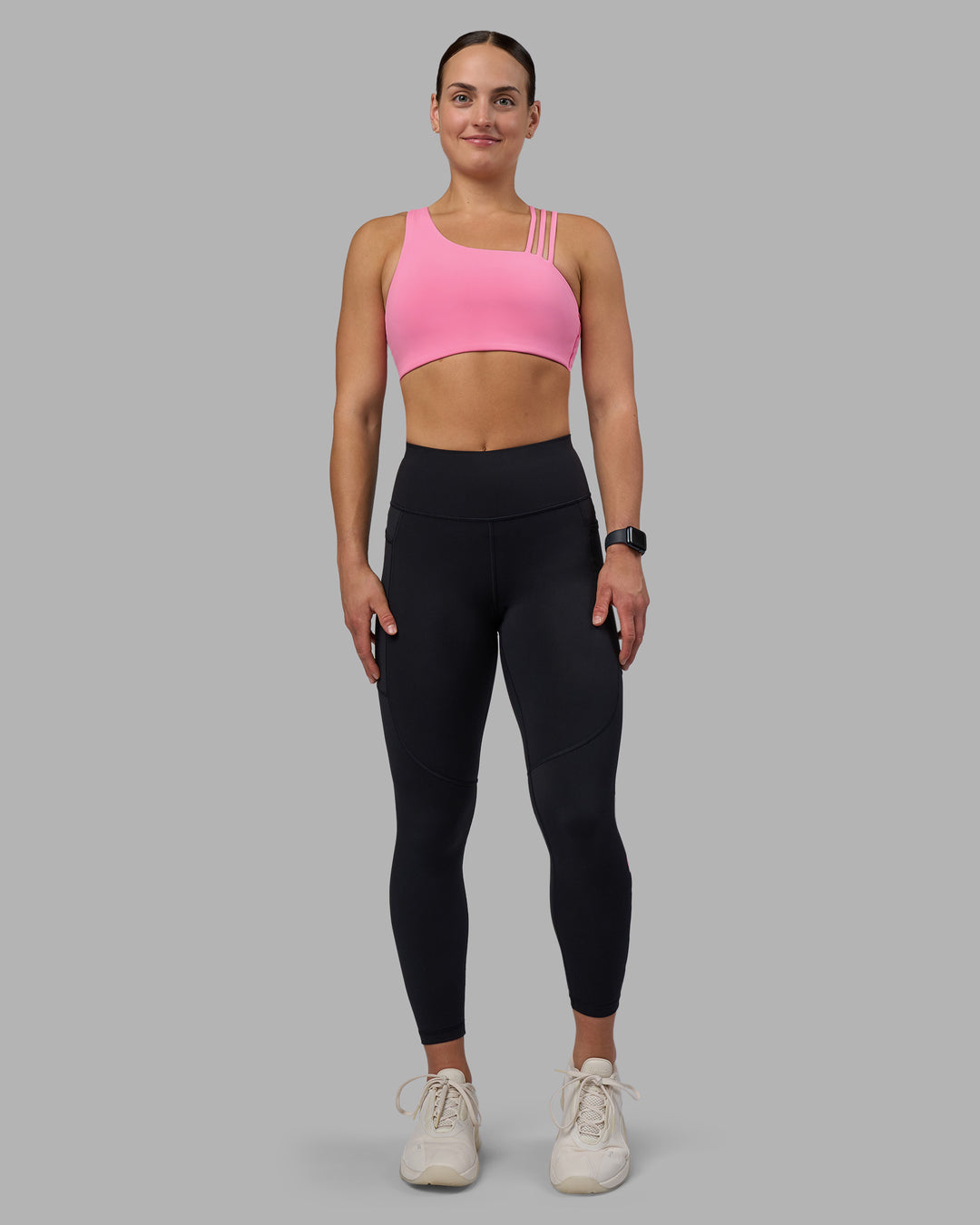 Woman wearing Rep Ultra High-Rise 7/8 Legging Pockets - Black-Candy Pink | Model:Keisha | Size:S
