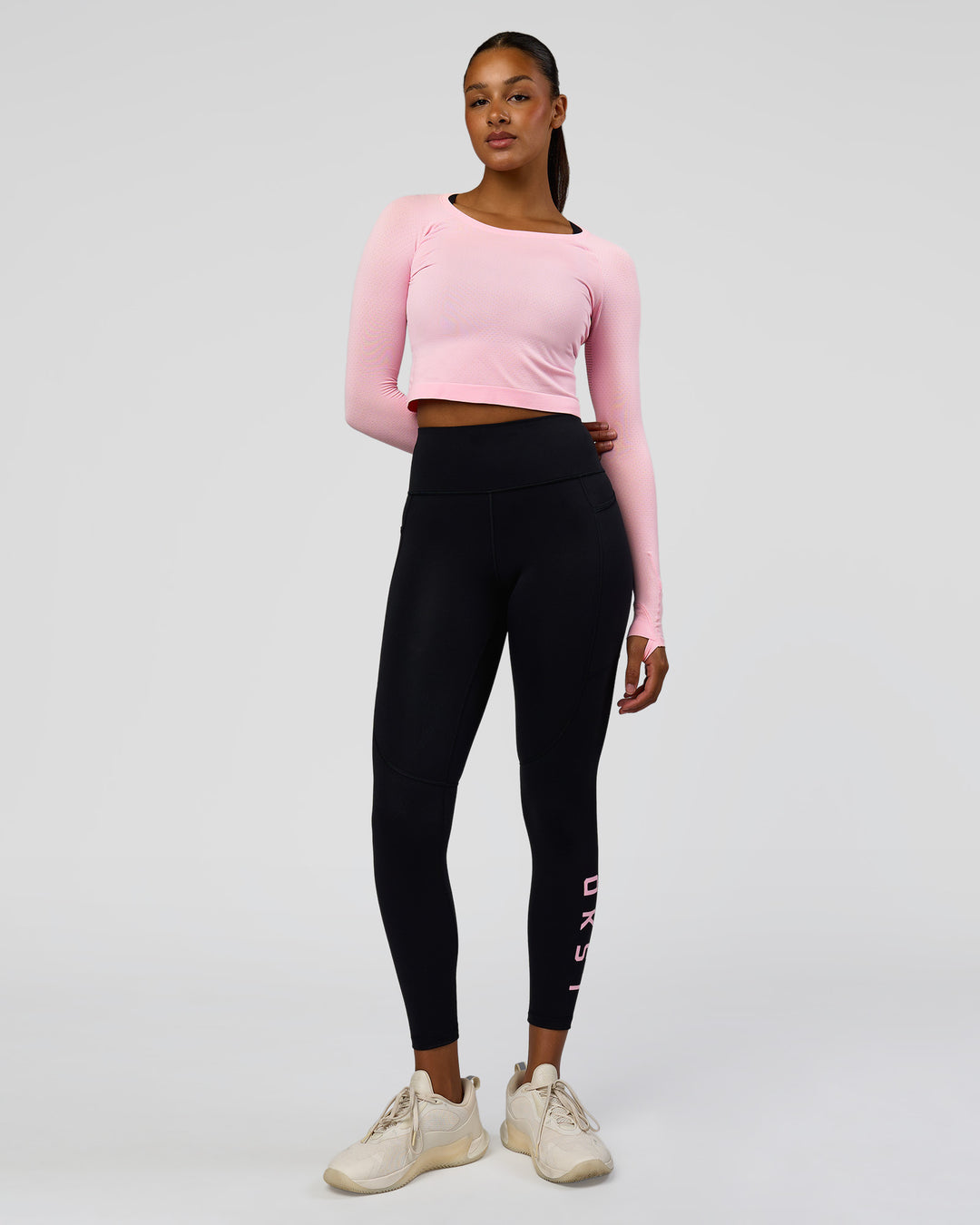 Woman wearing Rep Ultra High-Rise 7/8 Legging Pockets - Black-Marshmallow | Model:Rosie | Size:S
