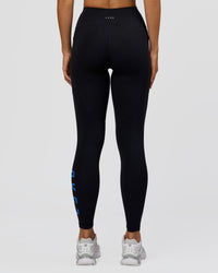 Woman wearing Rep Ultra High-Rise Full Length Legging Pockets - Black-Palace Blue | Model:Amity | Size:S