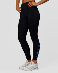 Woman wearing Rep Ultra High-Rise Full Length Legging Pockets - Black-Palace Blue | Model:Amity | Size:S