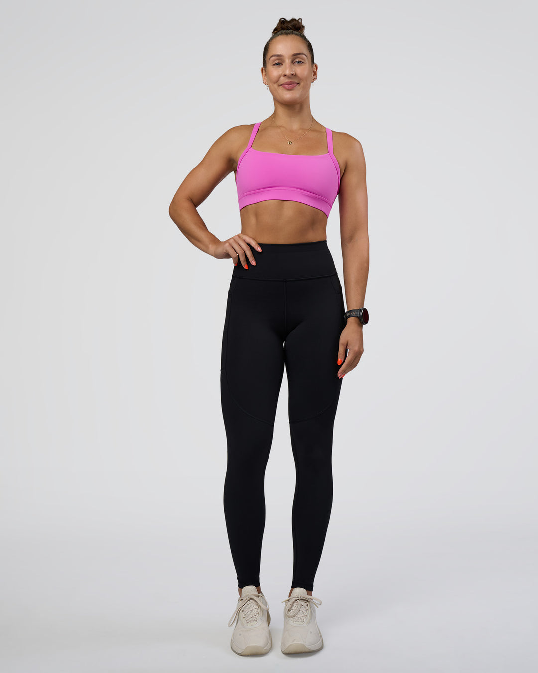 Woman wearing Rep Ultra High-Rise Full Length Legging Pockets - Black-Ultra Fuchsia | Model:Abbey | Size:S