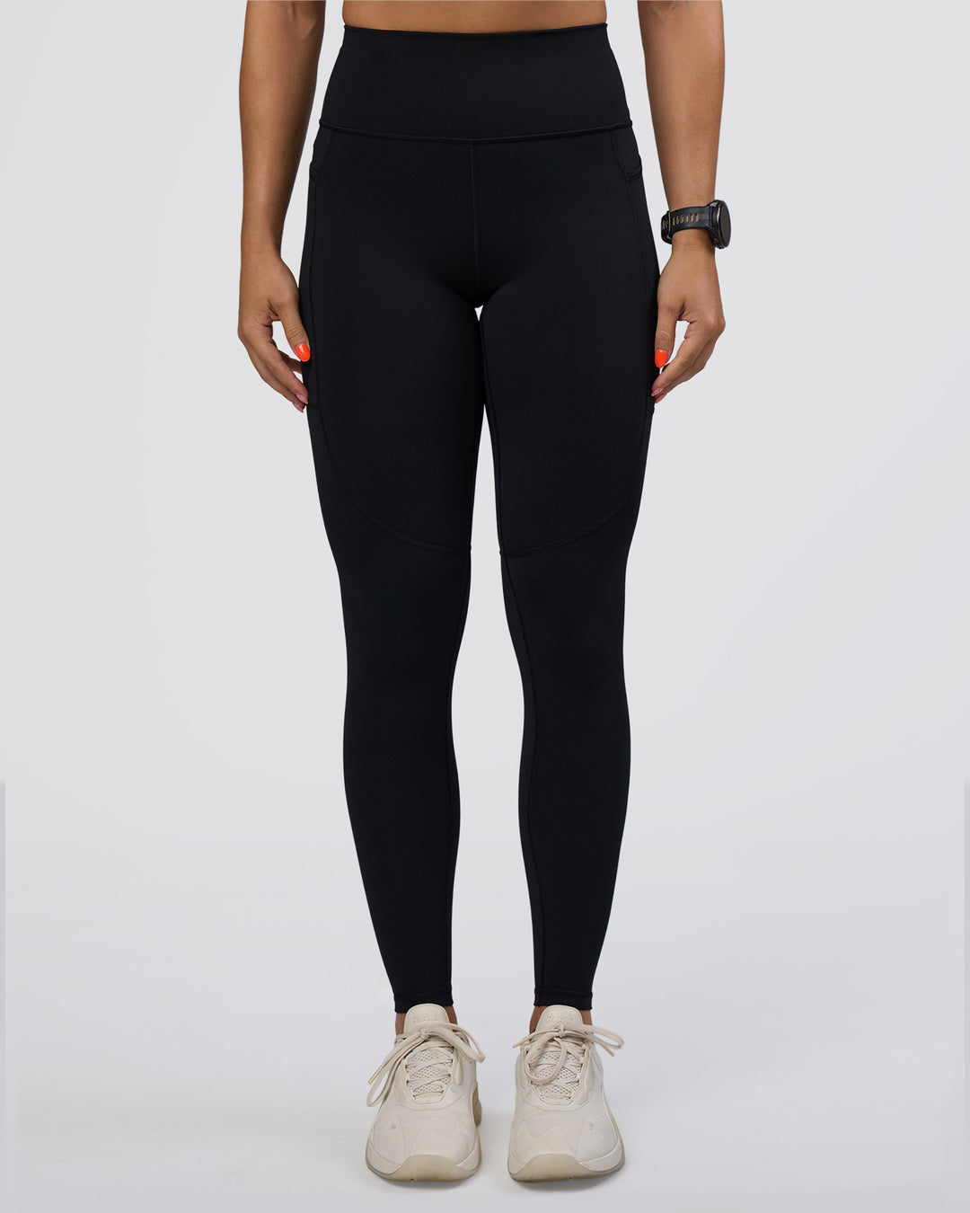 Woman wearing Rep Ultra High-Rise Full Length Legging Pockets - Black-Ultra Fuchsia | Model:Abbey | Size:S