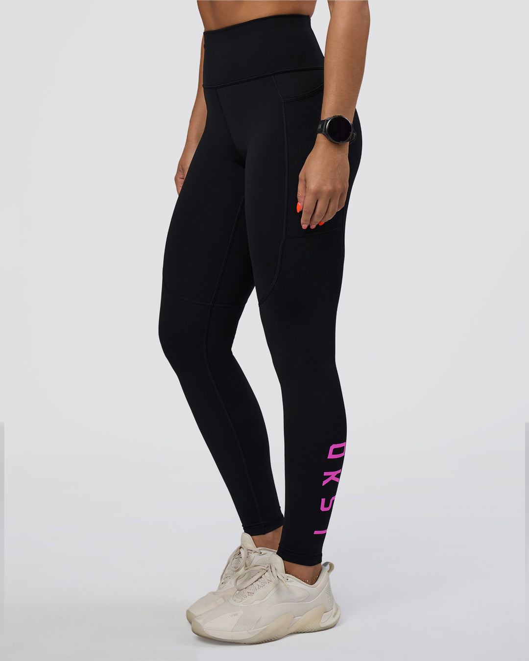 Woman wearing Rep Ultra High-Rise Full Length Legging Pockets - Black-Ultra Fuchsia | Model:Abbey | Size:S