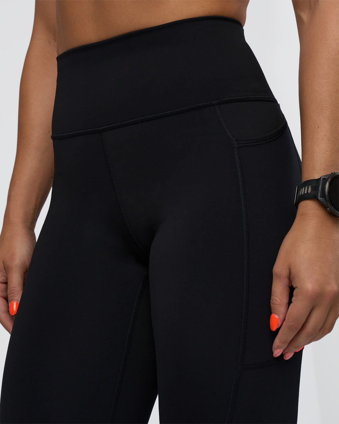 Woman wearing Rep Ultra High-Rise Full Length Legging Pockets - Black-Ultra Fuchsia | Model:Abbey | Size:S