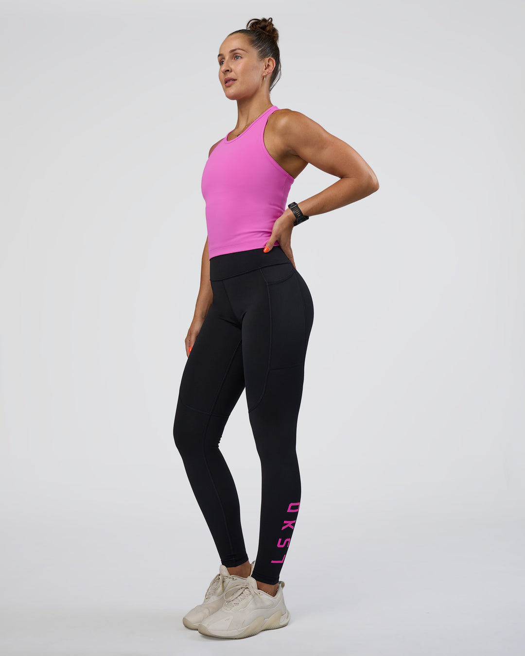 Woman wearing Rep Ultra High-Rise Full Length Legging Pockets - Black-Ultra Fuchsia | Model:Abbey | Size:S
