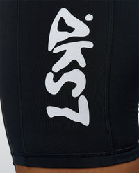 Woman wearing Rep Street Script Ultra High-Rise 6" Short Pockets - Black-White | Model:Rosie | Size:S