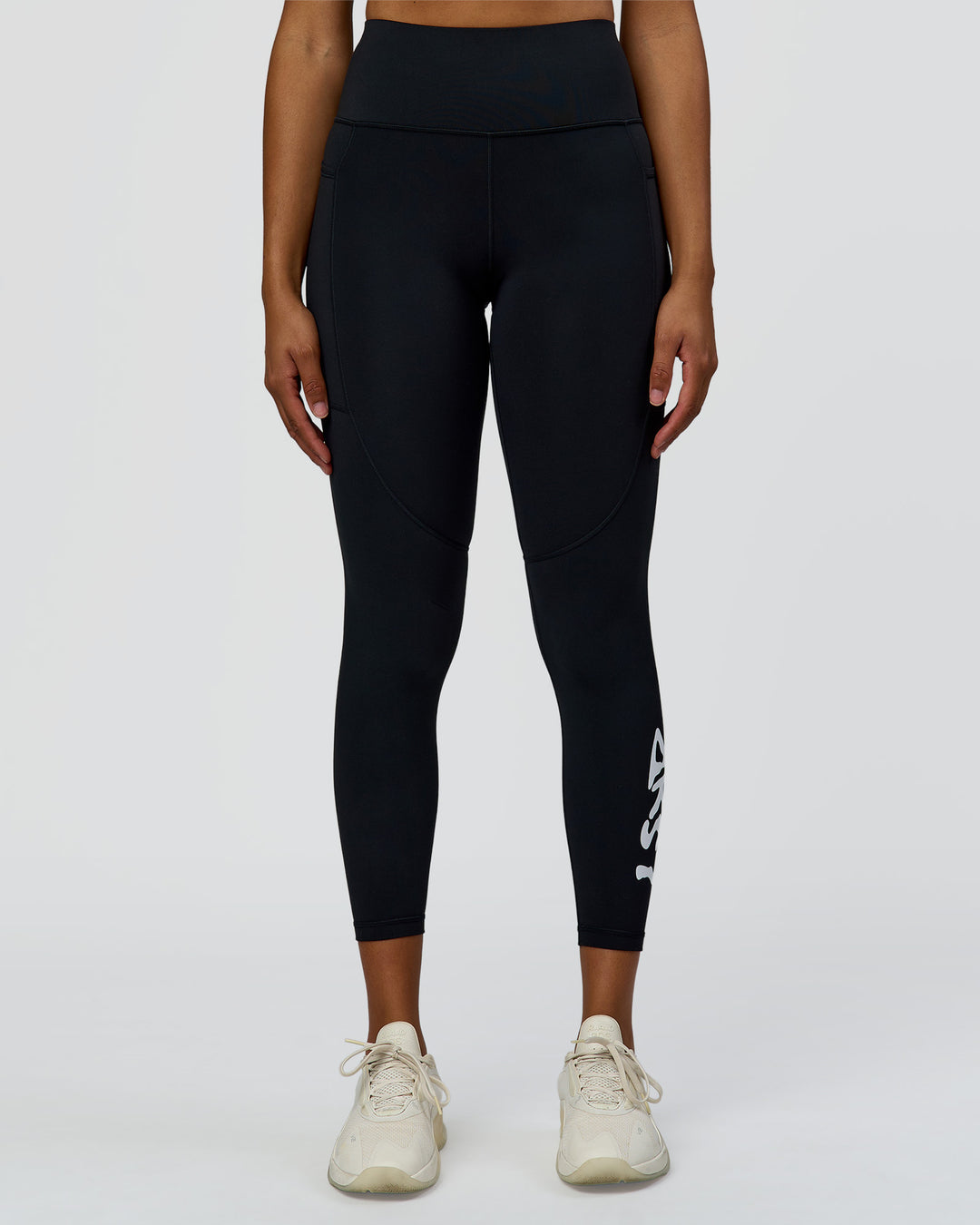 Woman wearing Rep Street Script Ultra High-Rise 7/8 Legging Pockets - Black-White | Model:Rosie | Size:S