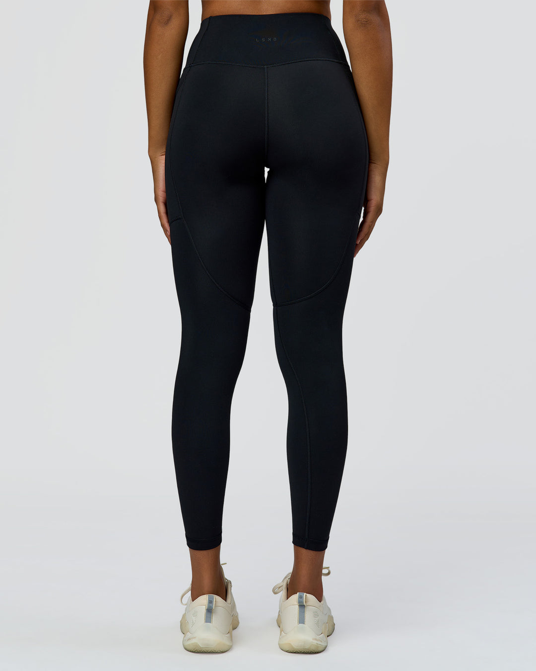 Woman wearing Rep Street Script Ultra High-Rise 7/8 Legging Pockets - Black-White | Model:Rosie | Size:S