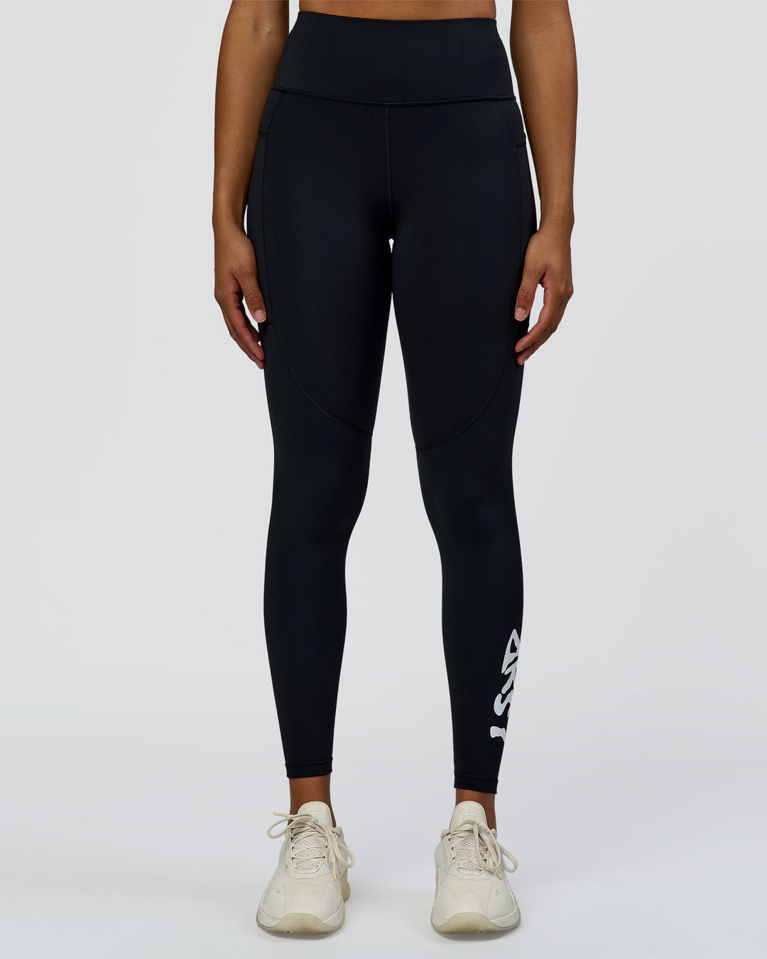 Woman wearing Rep Street Script Ultra High-Rise Full Length Legging Pockets - Black-White | Model:Rosie | Size:S