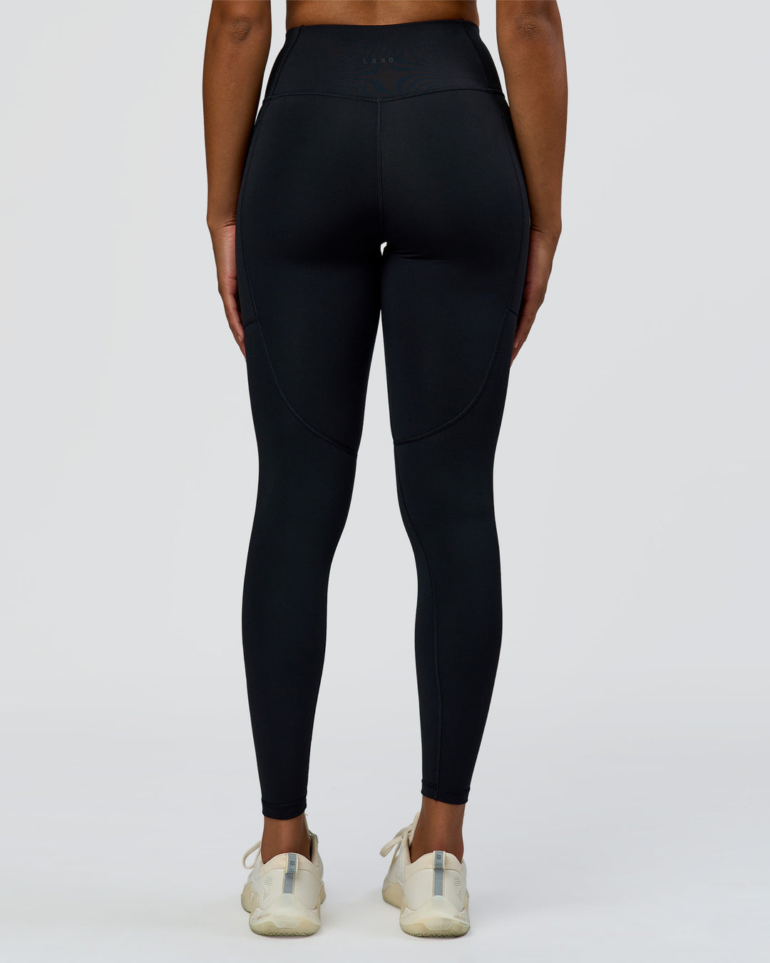 Woman wearing Rep Street Script Ultra High-Rise Full Length Legging Pockets - Black-White | Model:Rosie | Size:S