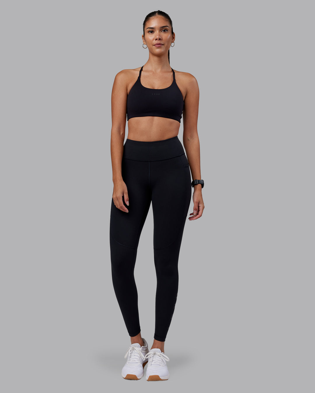 Woman wearing Rep Ultra High-Rise Full Length Legging Pockets - Black-Black | Model:Rhiley | Size:S