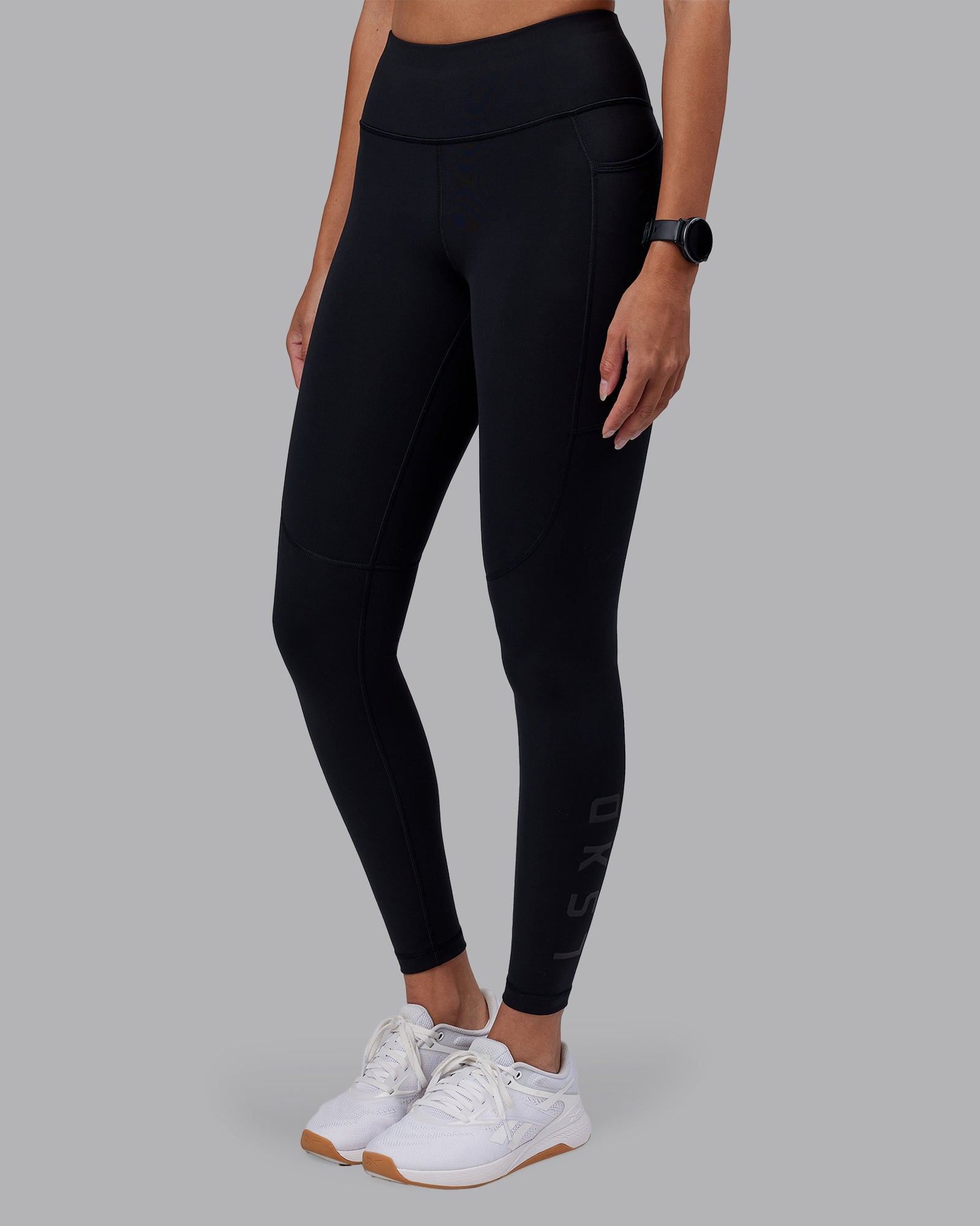 Woman wearing Rep Ultra High-Rise Full Length Legging Pockets - Black-Black | Model:Rhiley | Size:S