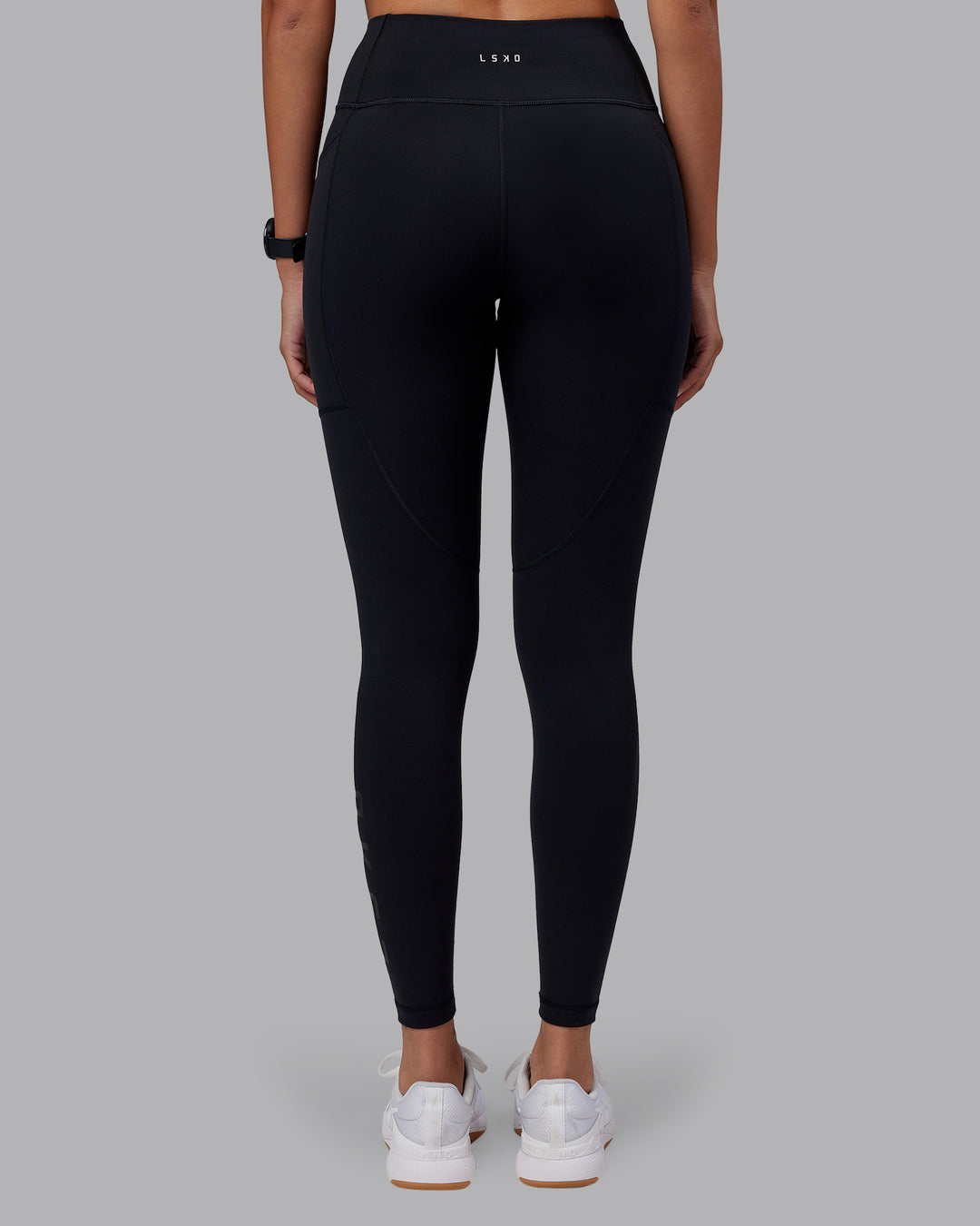 Woman wearing Rep Ultra High-Rise Full Length Legging Pockets - Black-Black | Model:Rhiley | Size:S