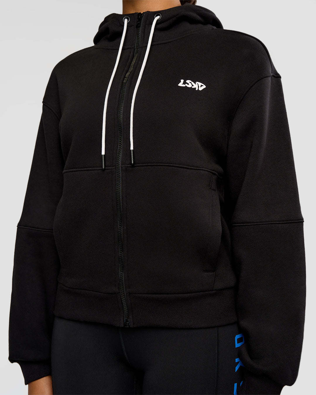 Woman wearing Run Fast Lift Heavy Hoodie - Black-White | Model:Rosie | Size:S